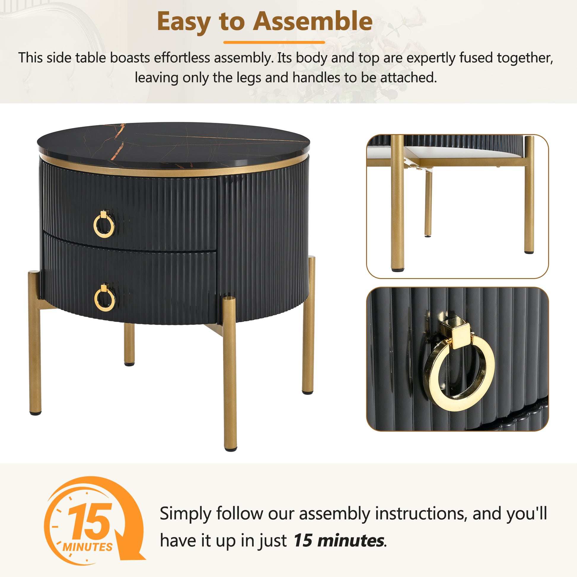 ON-TREND Φ19.6'' Easy Assembly Round End Table with Storage Drawers, Fluted Nightstand with High Gloss Faux Marble Tabletop, Modern Coffee Table with Metal Legs and Handles for Living Room, Black