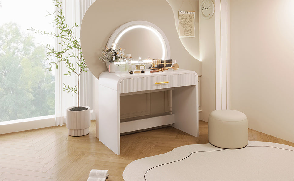 39" Makeup Vanity Table with Mirror Touch Screen Lighted Mirror, Dressing Table with Drawer for Bedroom, White