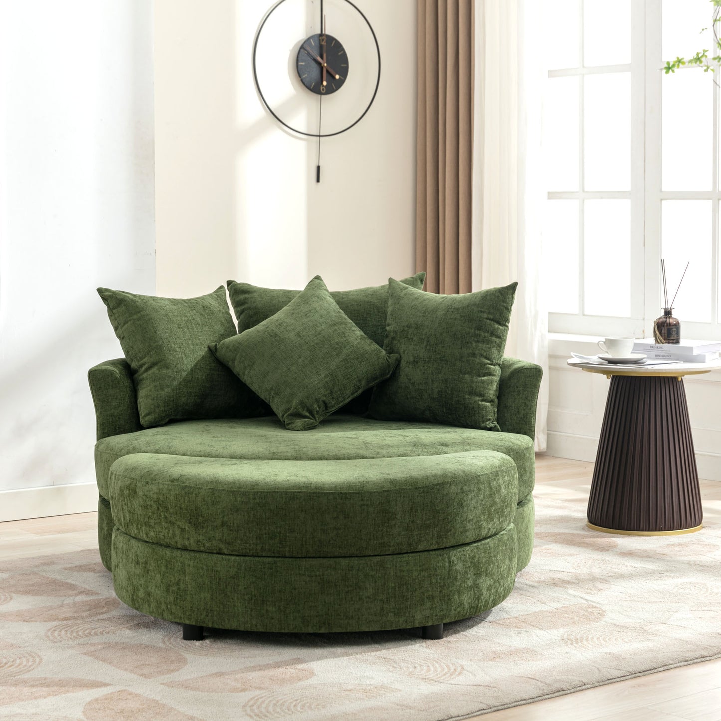 Orisfur. 360° Swivel Accent Barrel Chair with Storage Ottoman & 4 Pillows, Modern Chenille Leisure Chair Round Accent for Living Room, Green