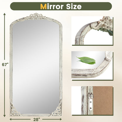 Solid wood carved right angle micro arch weathered white full-length mirror 67 * 28 * 1 inch Bathroom Vanity Mirror for Bedroom Entryway, Living/Dressing Room