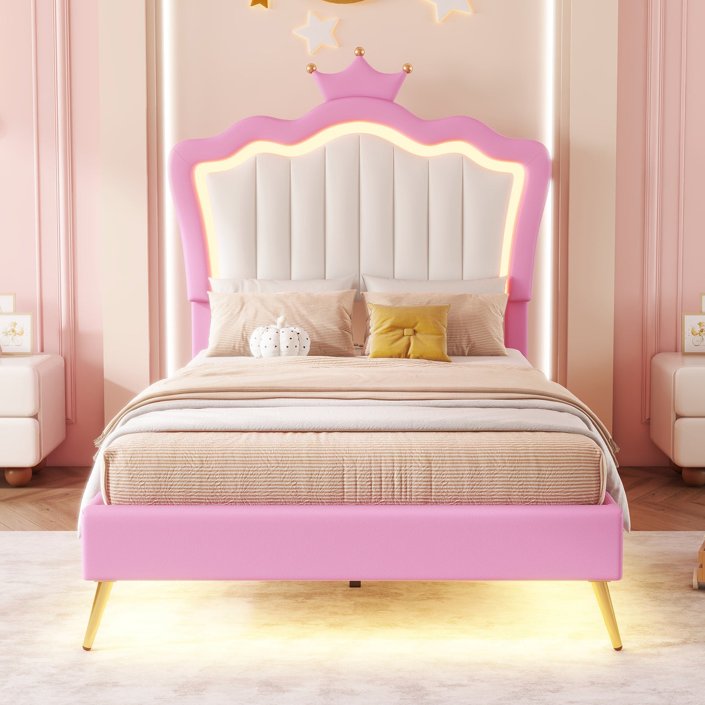 Twin Size Upholstered Bed Frame with LED Lights, Modern Upholstered Princess Bed with Crown Headboard, Pink+White