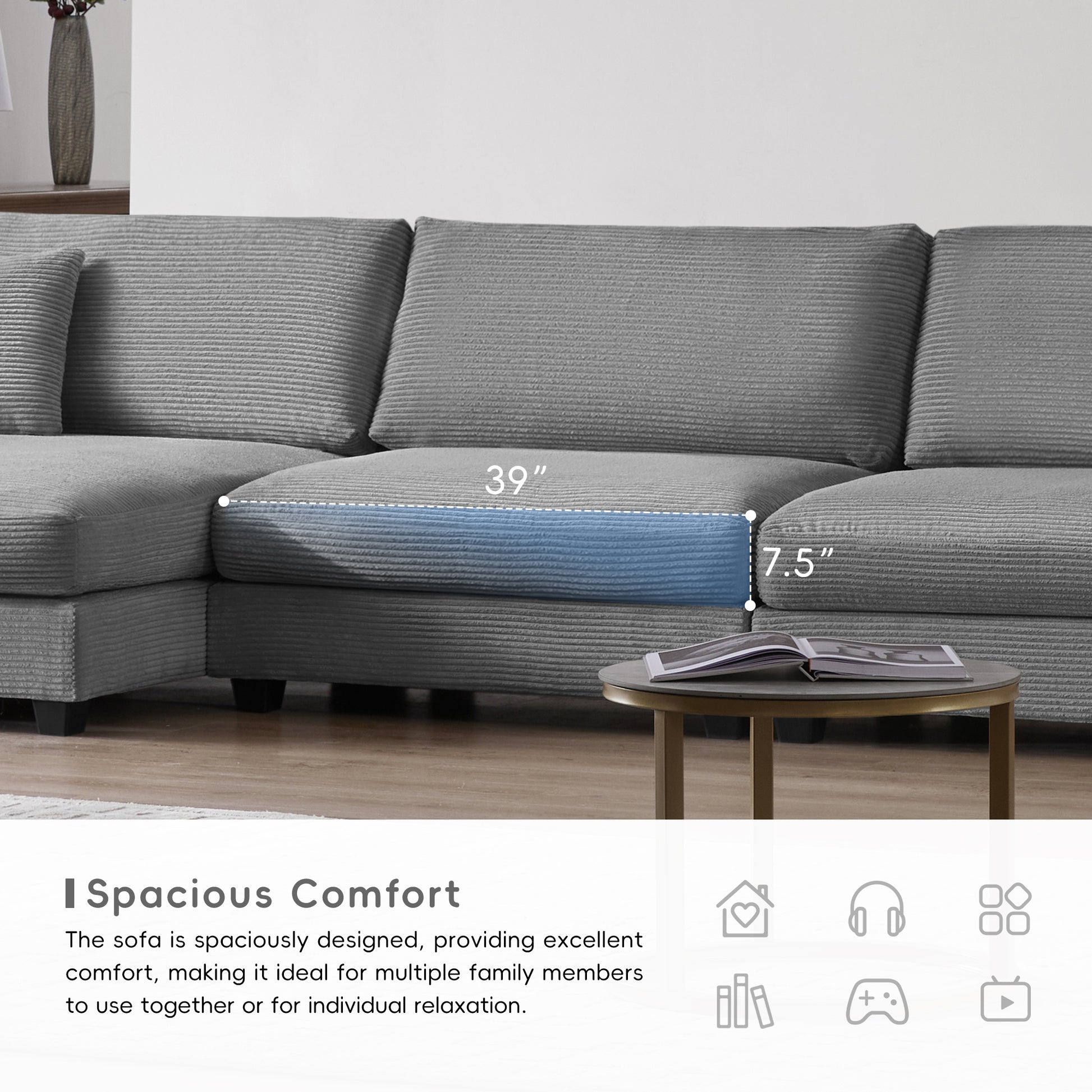 [VIDEO provided][New]134*54"Oversized Corduroy Sectional Sofa,L Shaped Cloud Couch with USB Charging Port,Cup Holder,Deep Seat Sofa Bed with 50" Chaise,Comfy Indoor Furniture for Living Room,3 Colors