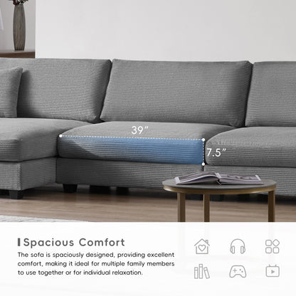 [VIDEO provided][New]134*54"Oversized Corduroy Sectional Sofa,L Shaped Cloud Couch with USB Charging Port,Cup Holder,Deep Seat Sofa Bed with 50" Chaise,Comfy Indoor Furniture for Living Room,3 Colors