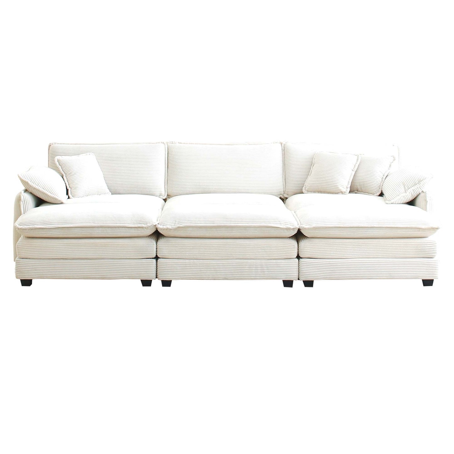 Oversized modular cushioned sofa,with 3 ottomans to work as sleeper sofa beds, 3-seater sofa with 3 footstools, Beige corduroy fabric