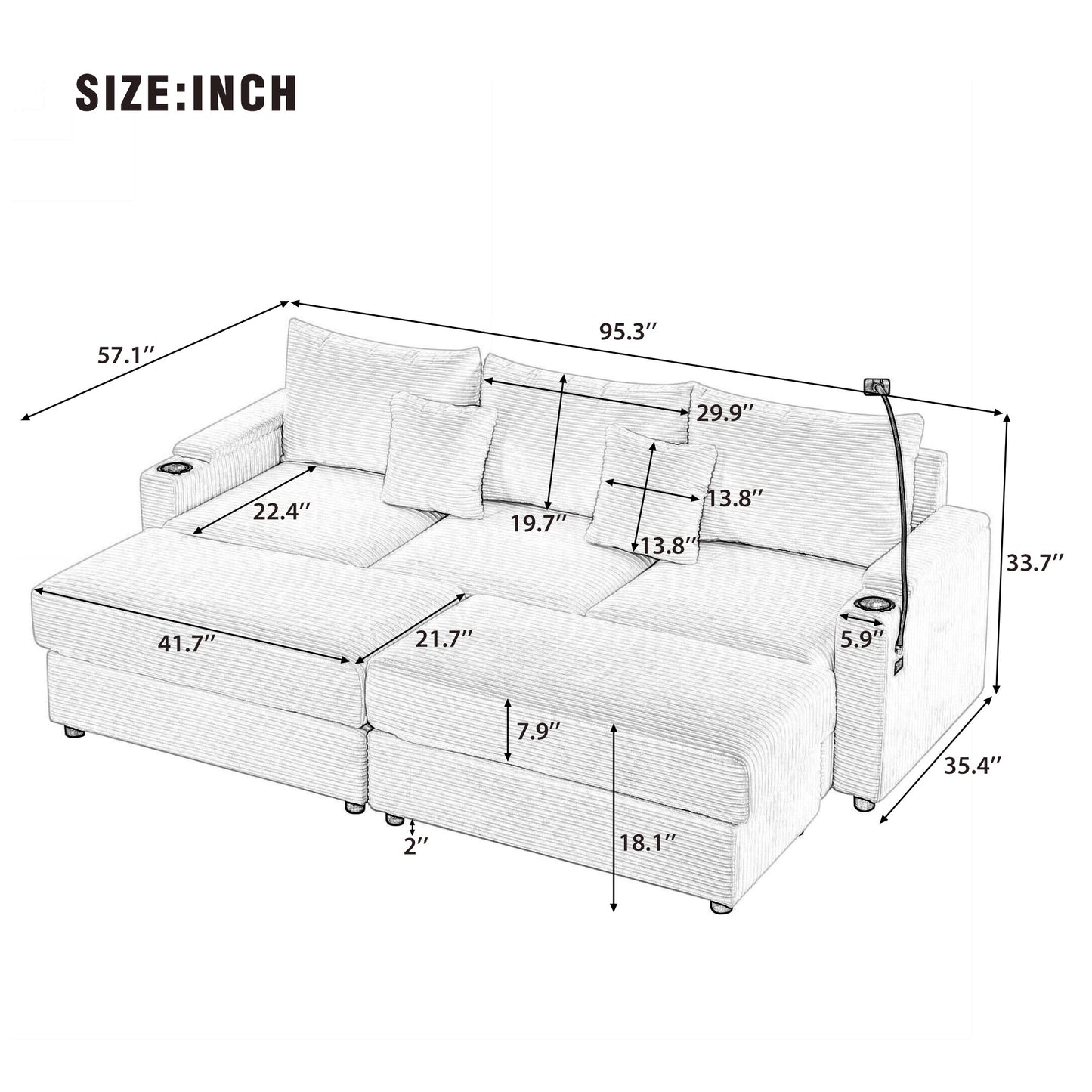 95.3" Modern Style 3-Seater Sofa Sectional Sofa Couch with Storage Space, Two Movable Ottomans, Two USB Ports, Two Cup Holders, A Phone Holder for Living Room, Beige