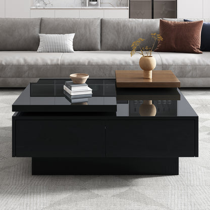 U-Can Movable Top Coffee Table, Modern Square Wood Coffee Table with High Gloss finish, 4 Hidden Storage Drawers for Living Room