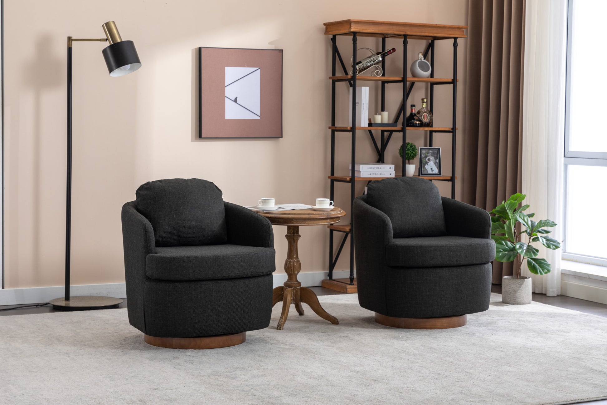 035-Linen Fabric Swivel Accent Chair With Soild Wood Round Brown Base Leg,Dark Gray