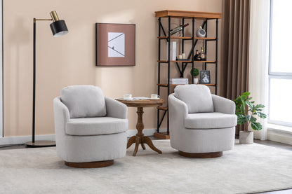 035-Boucle Fabric Swivel Accent Chair With Soild Wood Round Brown Base Leg,Light Gray