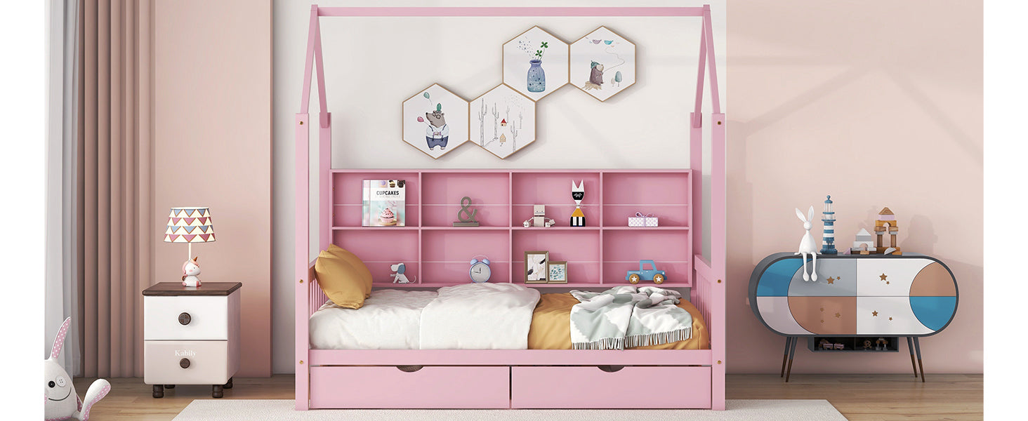 Wooden Twin Size House Bed with 2 Drawers,Kids Bed with Storage Shelf, Pink