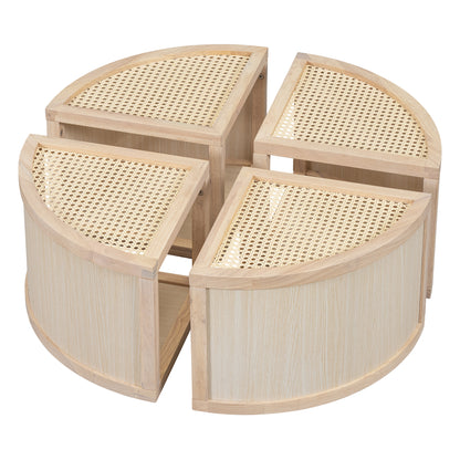 Round to Square Block Modular Coffee Table Light Natural Rattan with Storage 4 Piece