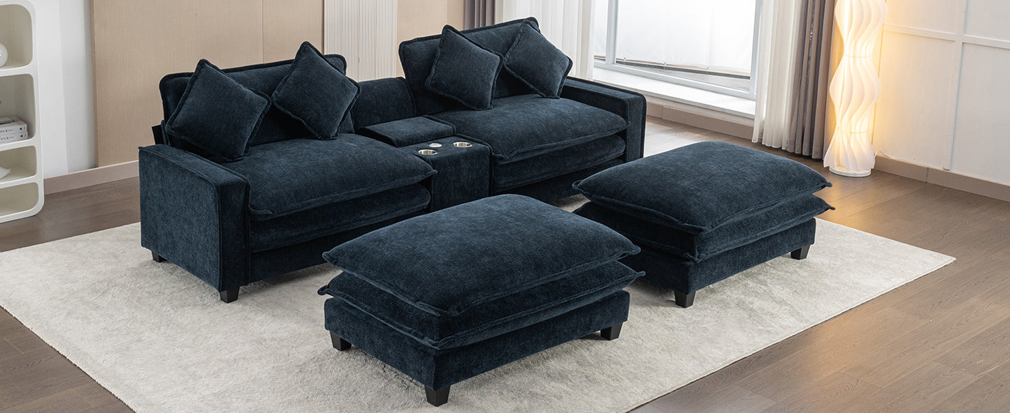 112.6" Sectional Sofa Chenille Upholstered Sofa with Two Removable Ottoman, Two USB Ports, Two Cup Holders and Large Storage Box for Living Room, Blue