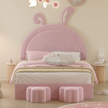 Full size Upholstered Rabbit-Shape Bed with 2 Storage Stools, Velvet Platform Bed with Cartoon Ears Shaped Headboard, Pink