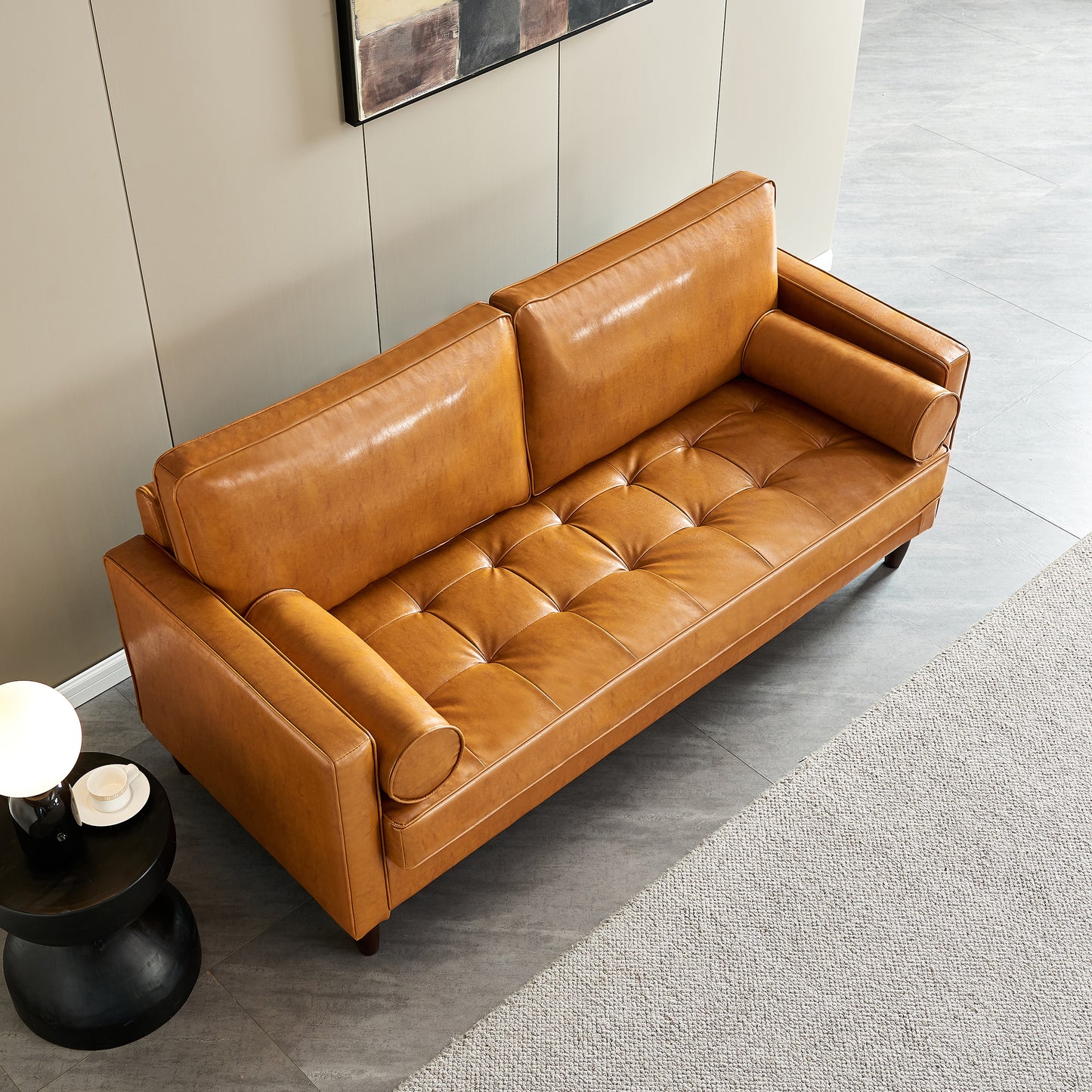 Modern Mid-Century Vegan Leather Sofa （Mocha）