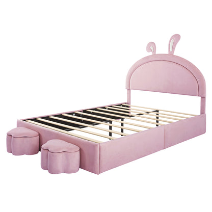 Full size Upholstered Rabbit-Shape Bed with 2 Storage Stools, Velvet Platform Bed with Cartoon Ears Shaped Headboard, Pink