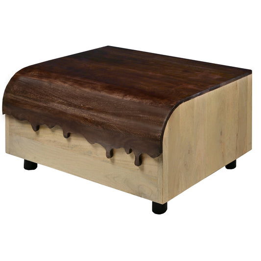 36 Inch Modern Mango Wood Coffee Table, Drip Design Walnut Brown Surface, Oak White Frame - Groovy Boardz