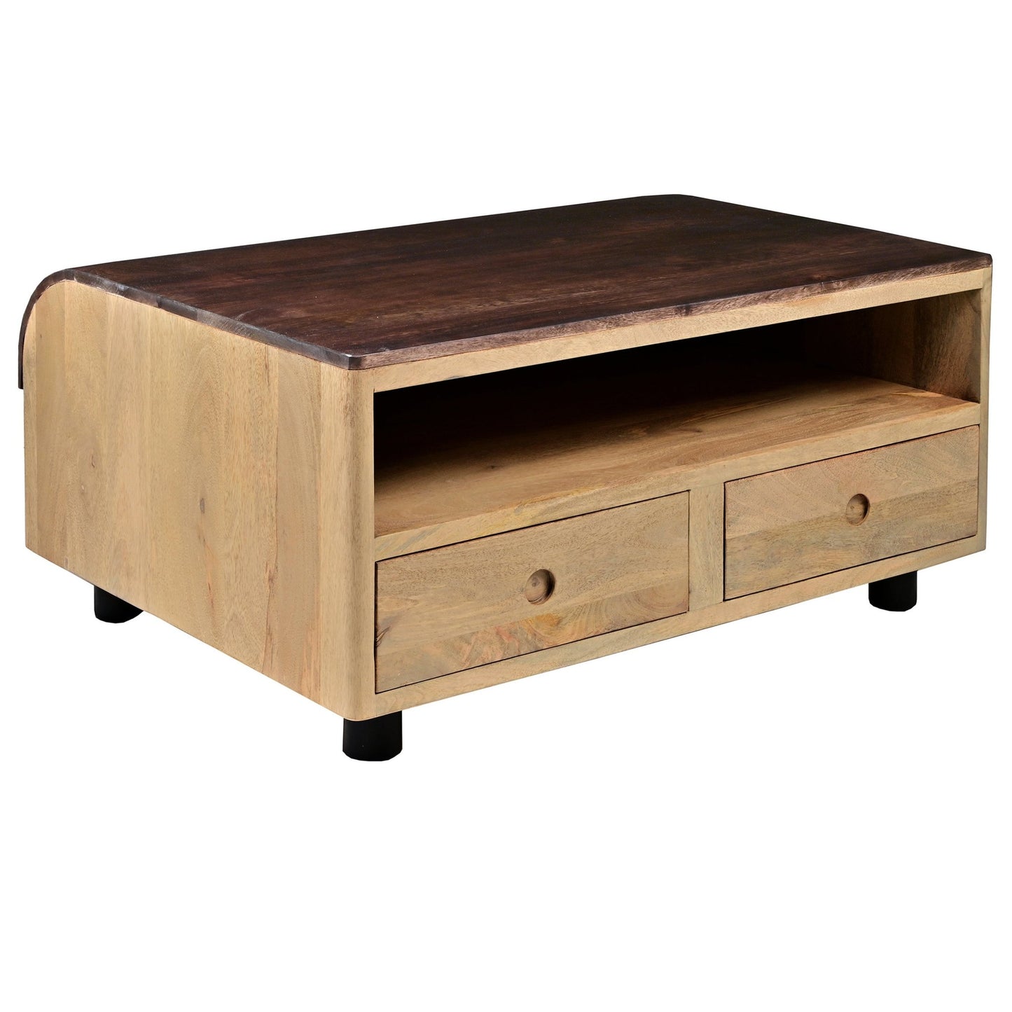 36 Inch Modern Mango Wood Coffee Table, Drip Design Walnut Brown Surface, Oak White Frame - Groovy Boardz