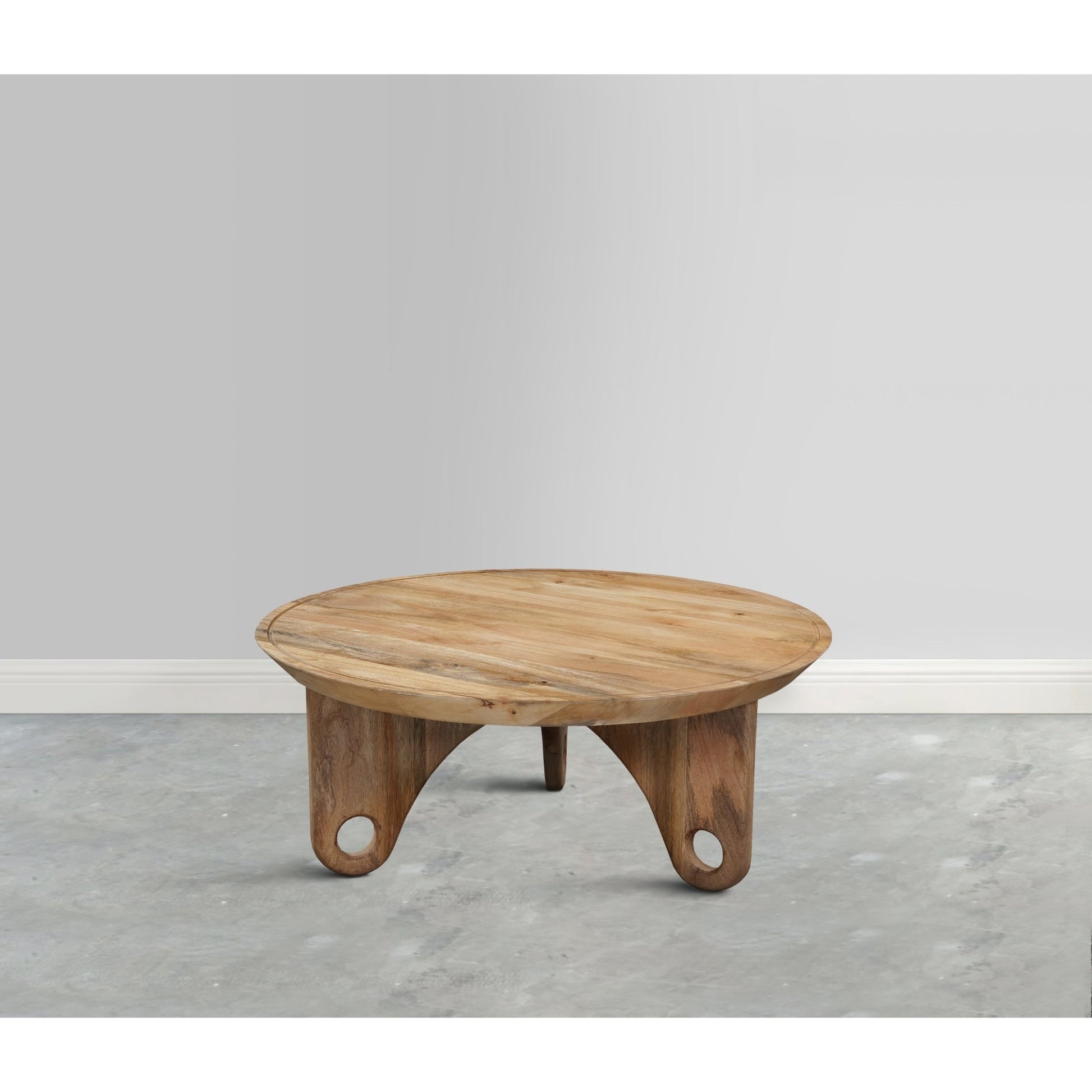 36 Inch Round Coffee Table, Handcrafted Grooved Edge Top, Natural Brown Mango Wood - Groovy Boardz