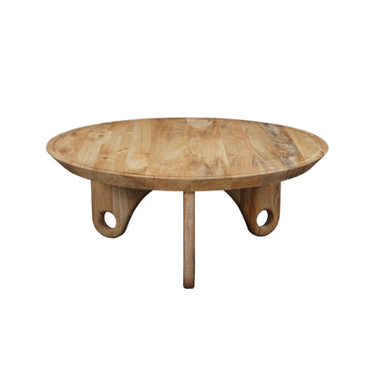 36 Inch Round Coffee Table, Handcrafted Grooved Edge Top, Natural Brown Mango Wood - Groovy Boardz