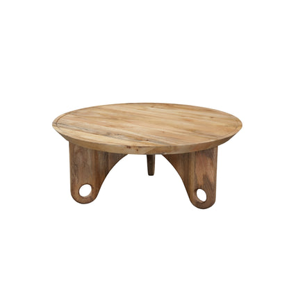 36 Inch Round Coffee Table, Handcrafted Grooved Edge Top, Natural Brown Mango Wood - Groovy Boardz