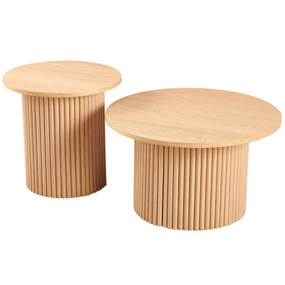 Oak Wood Veneer Tabletop Set of 2 Round Coffee Tables, Farmhouse Circle Coffee Table MDF Table-top with Metal Base, Sofa Side Table for Living Room, Reception Room