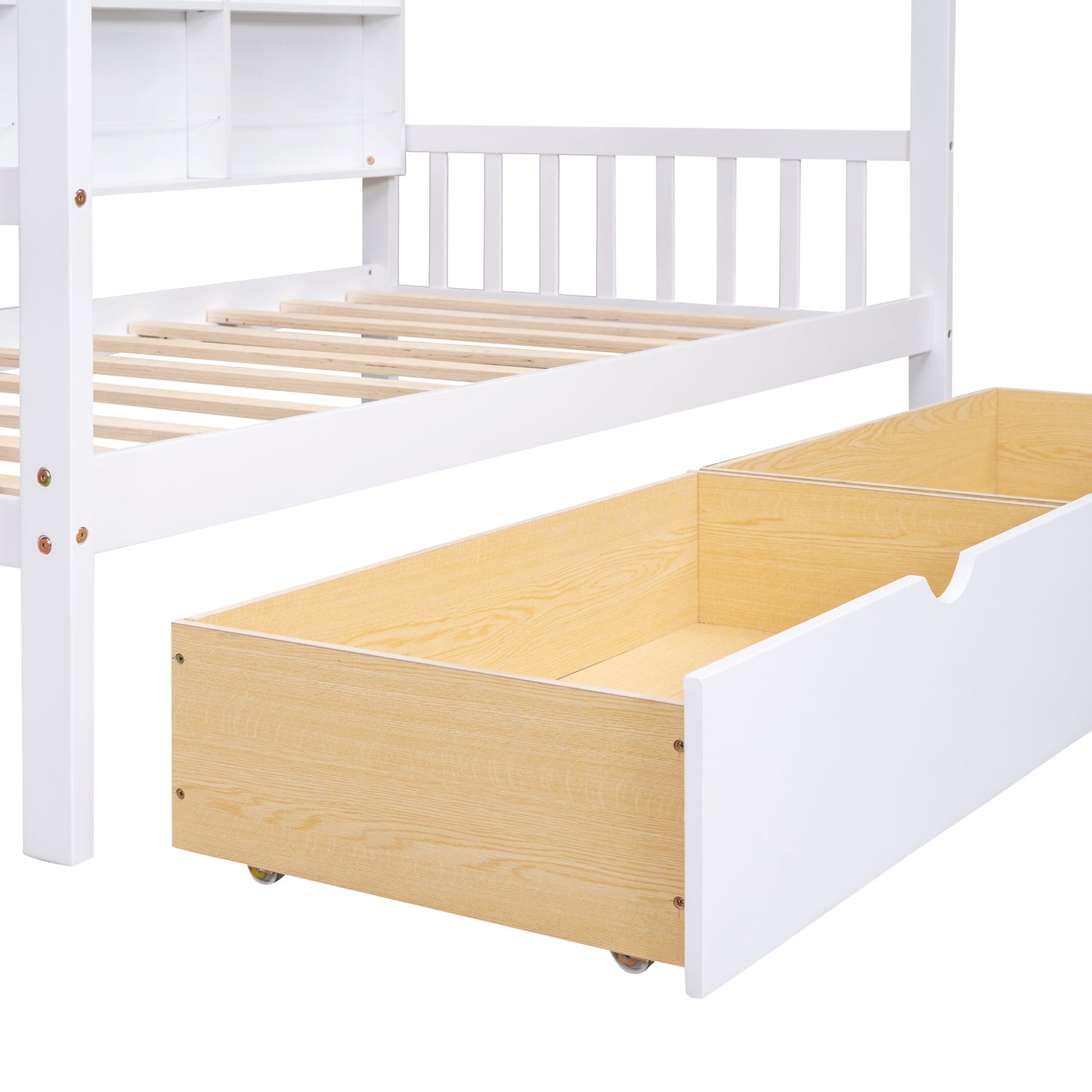 Wooden Twin Size House Bed with 2 Drawers,Kids Bed with Storage Shelf, White