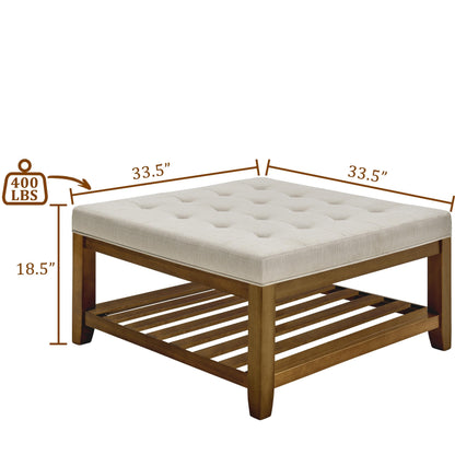 Upholstered Coffee Table Tufted Linen Large Square Ottoman with Beech Wood Shelf and Frame, Oversized Footrest Ottoman for Living Room,Office,Bedroom,Outdoor  IVORY