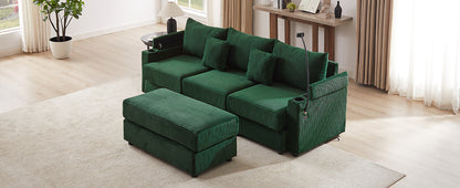 95.3" Modern Style 3-Seater Sofa Sectional Sofa Couch with Storage Space, A Movable Ottoman, Two USB Ports, Two Cup Holders, A Phone Holder for Living Room, Green