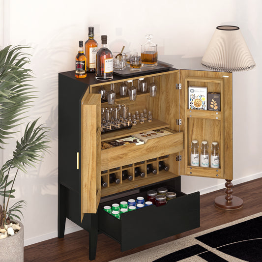 Lockers,side cabinets,Wine Bar Cabinet,Liquor Storage Credenza,Sideboard with Wine Racks & Stemware Holder,Wine glass holder,Metal handle, placed in family bars,hallways,living rooms,Color:black+Brown