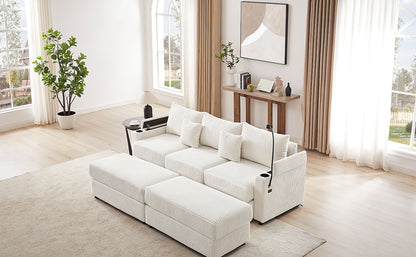 95.3" Modern Style 3-Seater Sofa Sectional Sofa Couch with Storage Space, Two Movable Ottomans, Two USB Ports, Two Cup Holders, A Phone Holder for Living Room, Beige