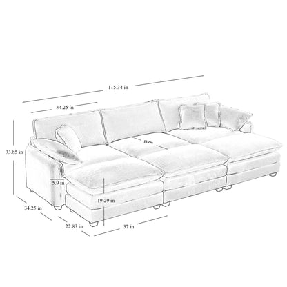 Oversized modular cushioned sofa,with 3 ottomans to work as sleeper sofa beds, 3-seater sofa with 3 footstools,Green corduroy fabric