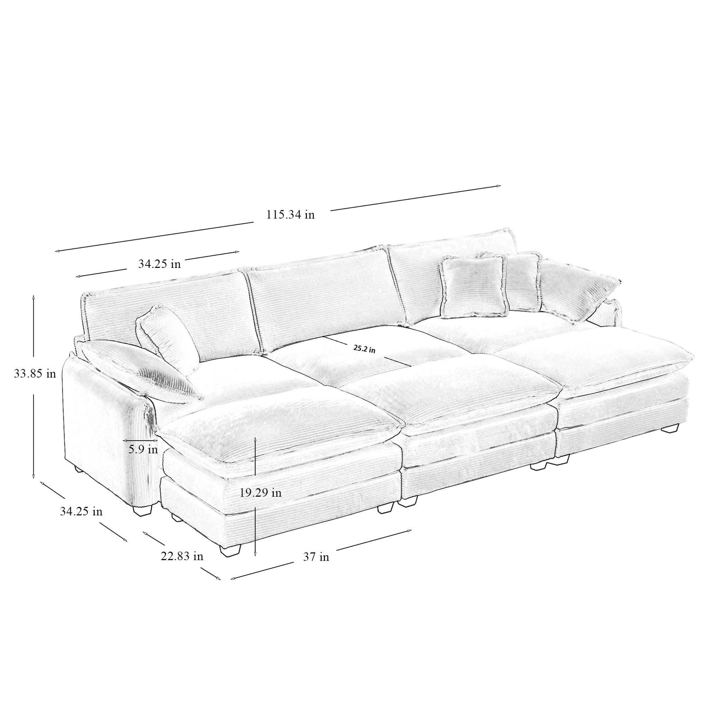 Oversized modular cushioned sofa,with 3 ottomans to work as sleeper sofa beds, 3-seater sofa with 3 footstools, Beige corduroy fabric