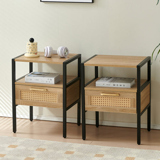 Set of 2, 15.75" Rattan End table with  drawer, Modern nightstand, metal legs,side table for living room, bedroom,natural