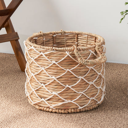 Round Water Hyacinth Woven Basket with Handles - 18" x 18" x 15" - Natural Brown - For Clothes, Towels, Canvas, Toys and Magazine Storage and Home Decoration