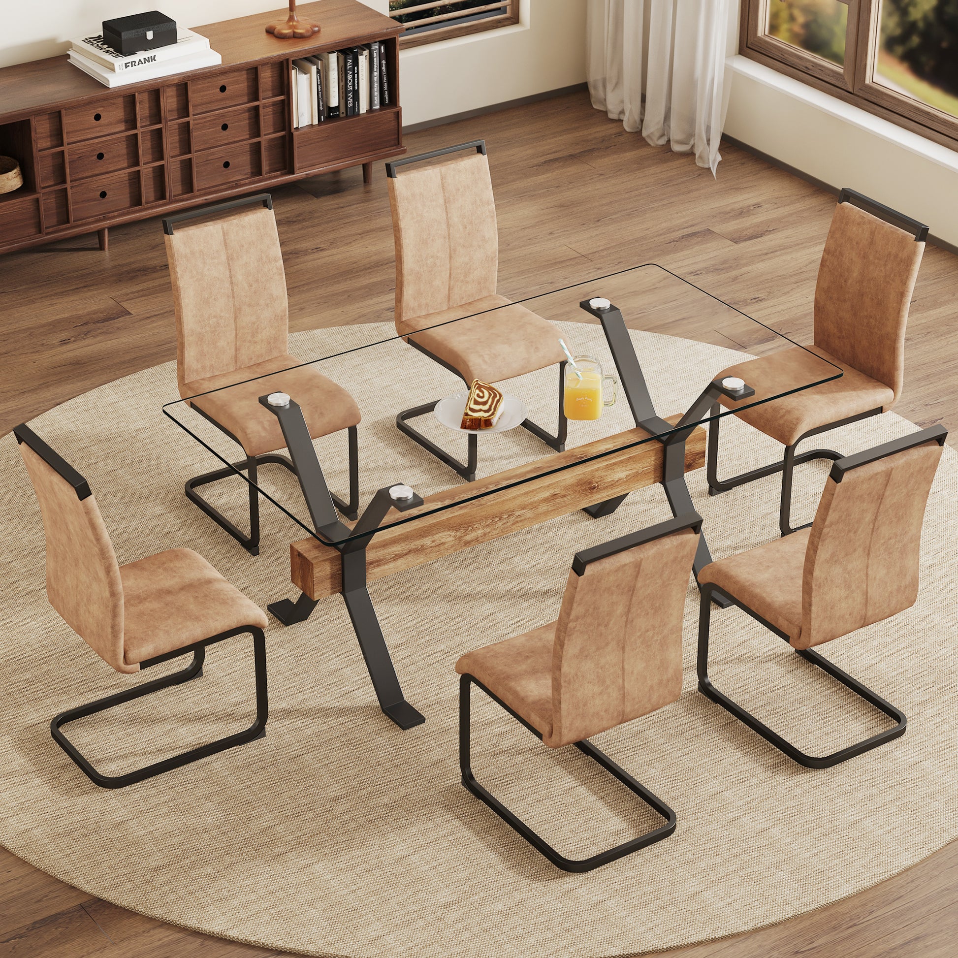 Dining table. Modern tempered glass dining table. Large modern office desk with black metal legs and MDF crossbars, suitable for home and office use. 6 high-end cushioned seats.F1105 C-1162