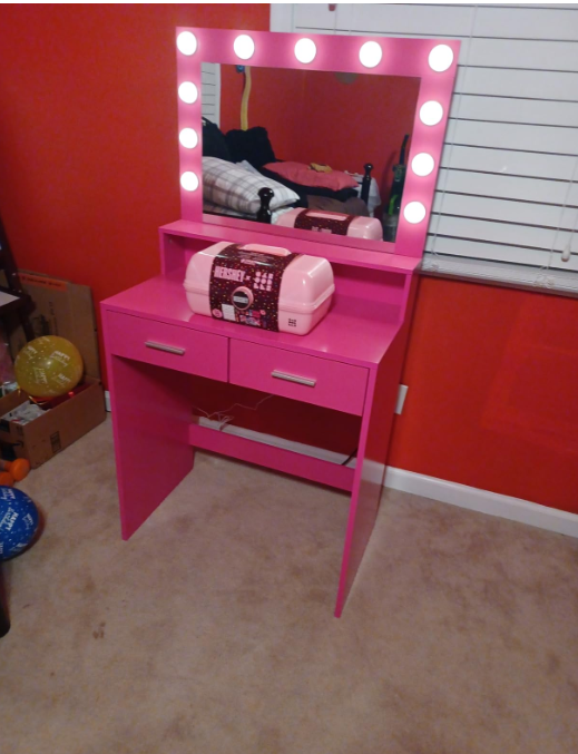 Vanity Desk with Mirror and Lights, Dressing Table with Large Drawer, 2 Level Storage Dresser & 3 Lighting Modes Adjustable Brightness, Suitable for Bedroom(Rose Pink)