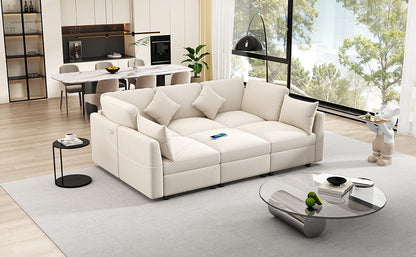 85.4" Sectional Sofa Modular Sofa U-shaped Sofa Couch Sofa Bed L-shaped Sofa with a Movable Ottoman and Two USB Ports for Living Room, Beige