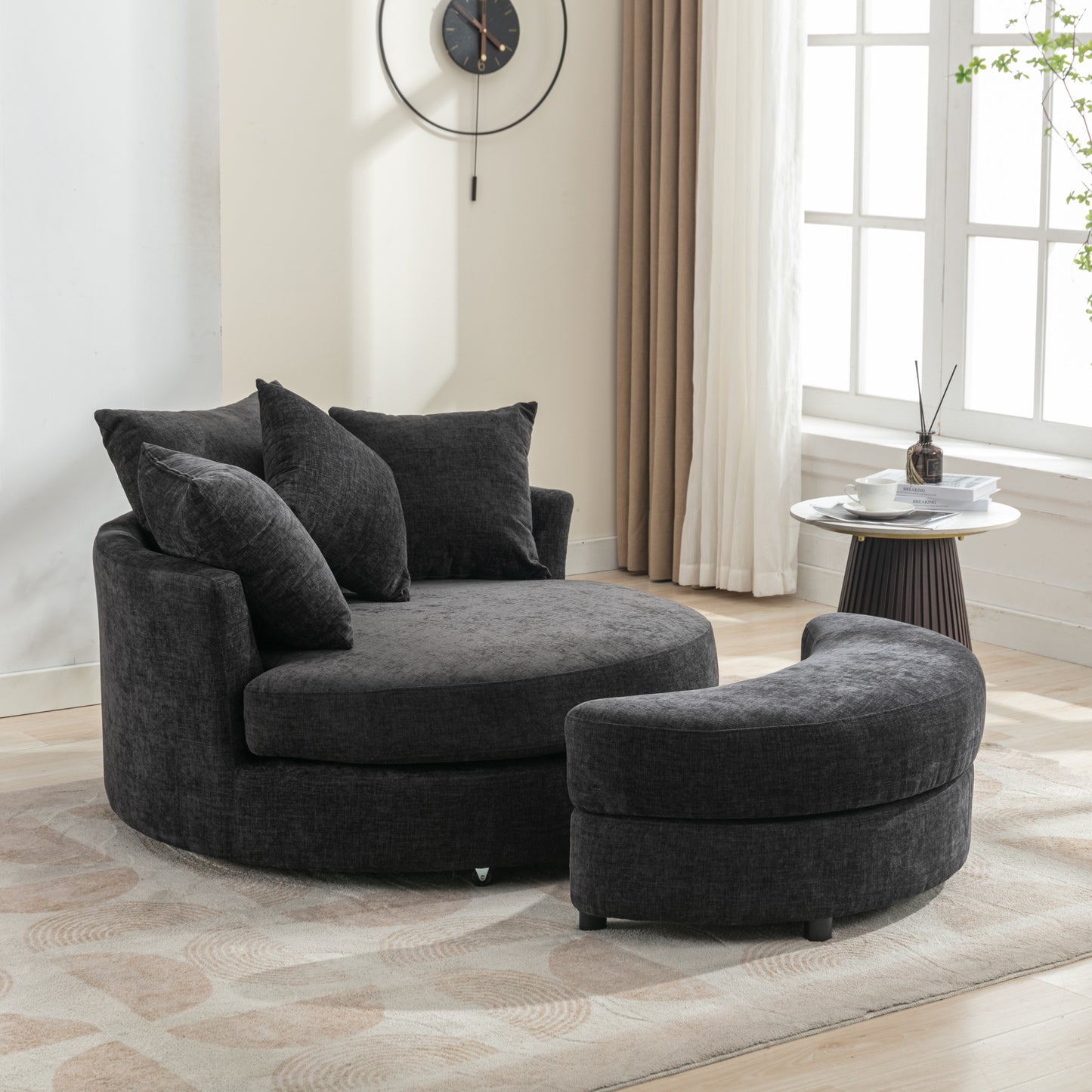 Orisfur. 360° Swivel Accent Barrel Chair with Storage Ottoman & 4 Pillows, Modern Chenille Leisure Chair Round Accent for Living Room, Gray