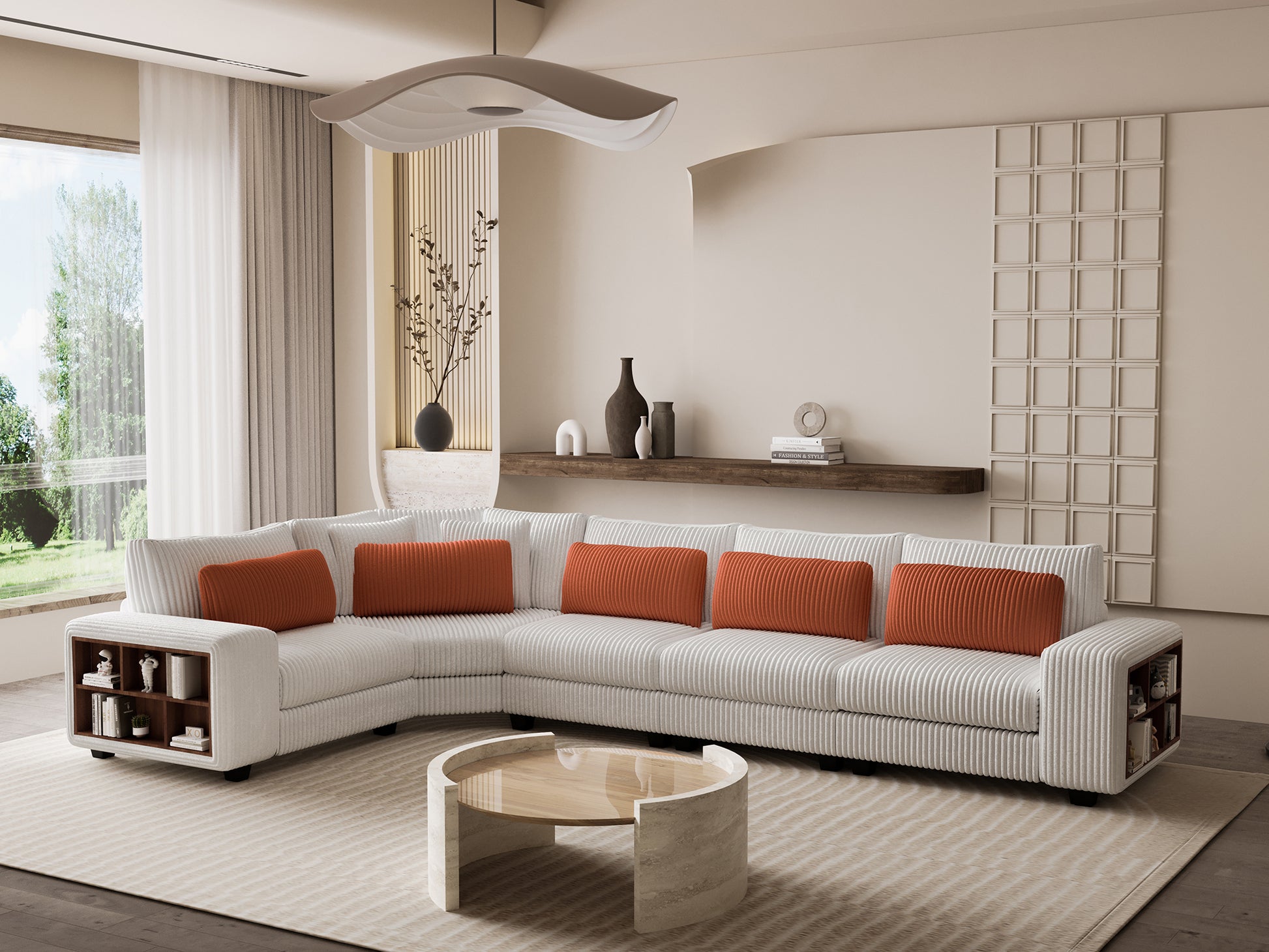 Modular Sectional L-shaped Sofa with Armrest Wooden Frame Locker, Stylish and Comfortable , Cream Style, Beige