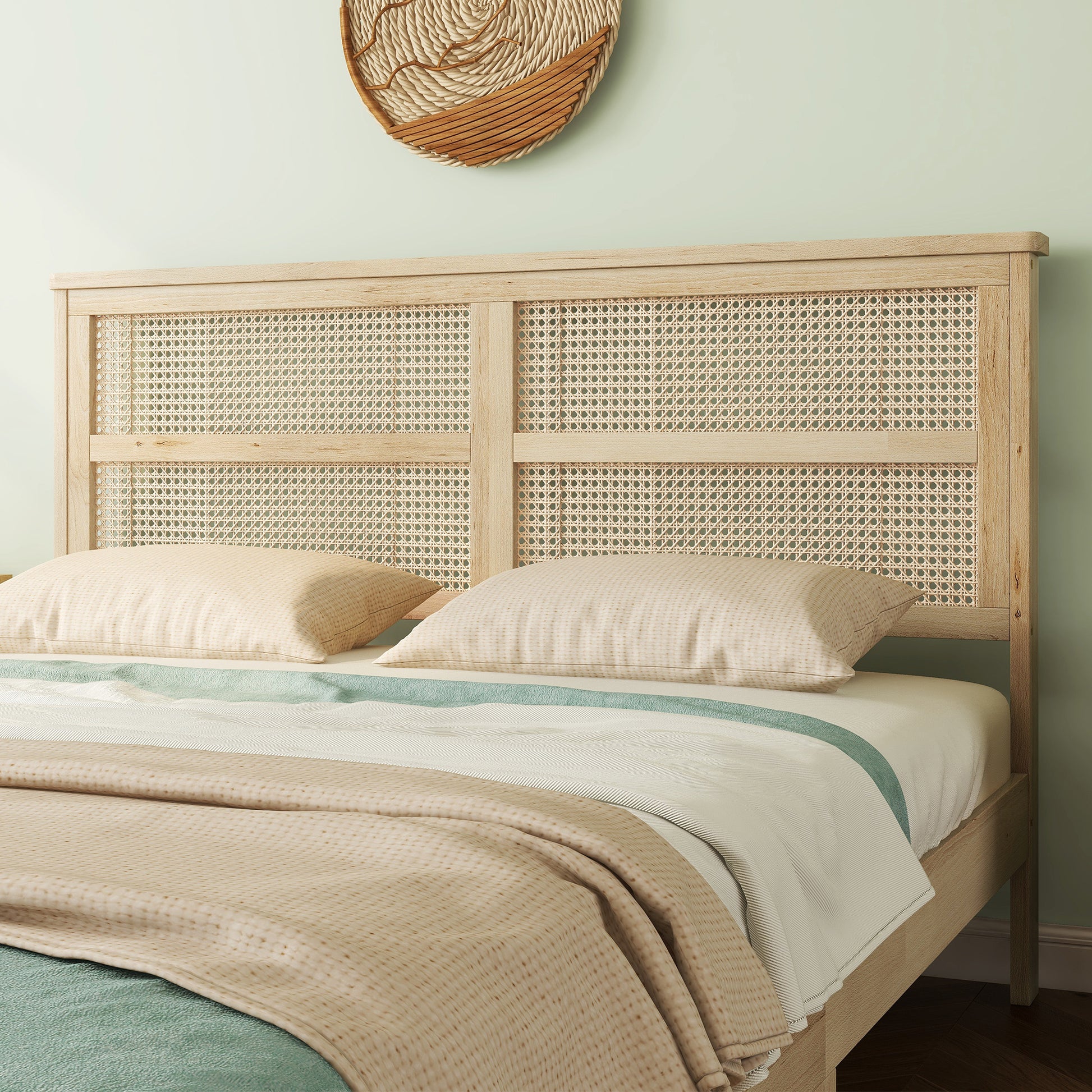 Queen Size Rubber Wooden, Solid Wooden Bed with Rattan Headboard, Enhanced by Support Feet