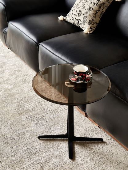 End Table  Glass Top Side/End Drink Table - Tall Modern Round Accent Metal Nightstand Furniture for Living Room, Dorm, Home Office, and Bedroom - 19.69" Round - brown blass/Matte Black