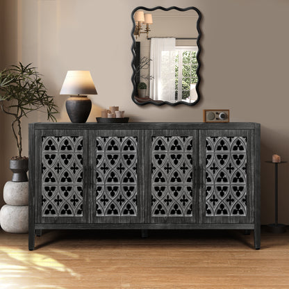 Hollow Four Door Antique Cabinet, American Country Style, Suitable for Living Room, TV Cabinet, Kitchen (Antique Black)