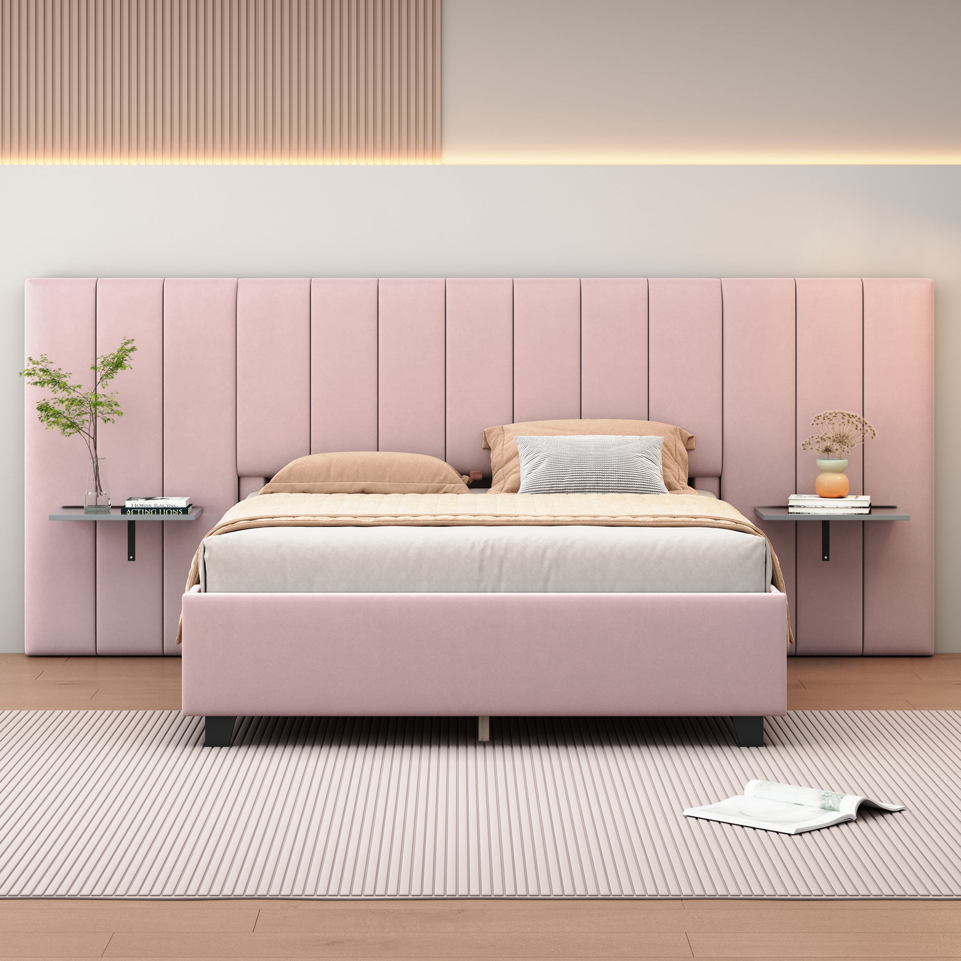 Queen Size Upholstered Platform Bed with Big Headboard, Bedroom Furniture, Velvet, Pink