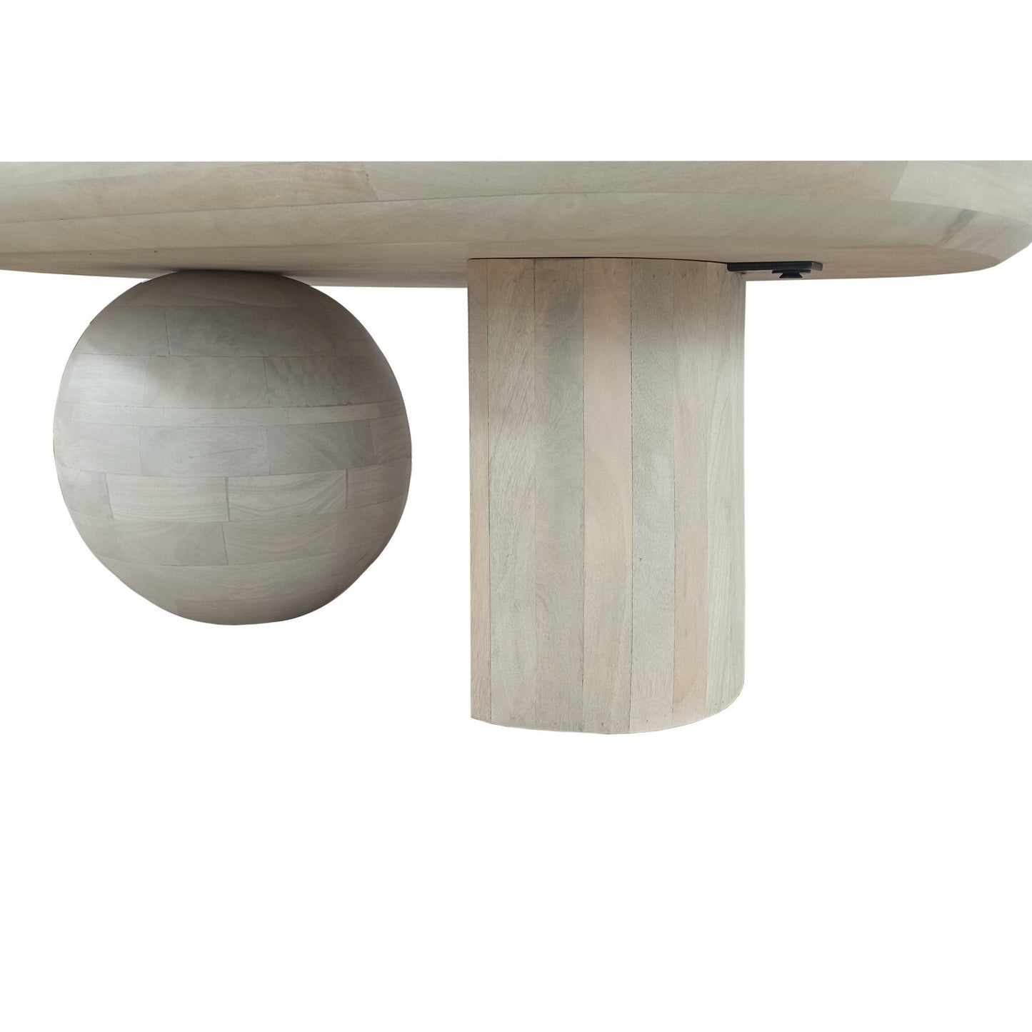 38 Inch Coffee Table, Oblong Mango Wood Top with a Modern Ball Leg, Washed White - Groovy Boardz