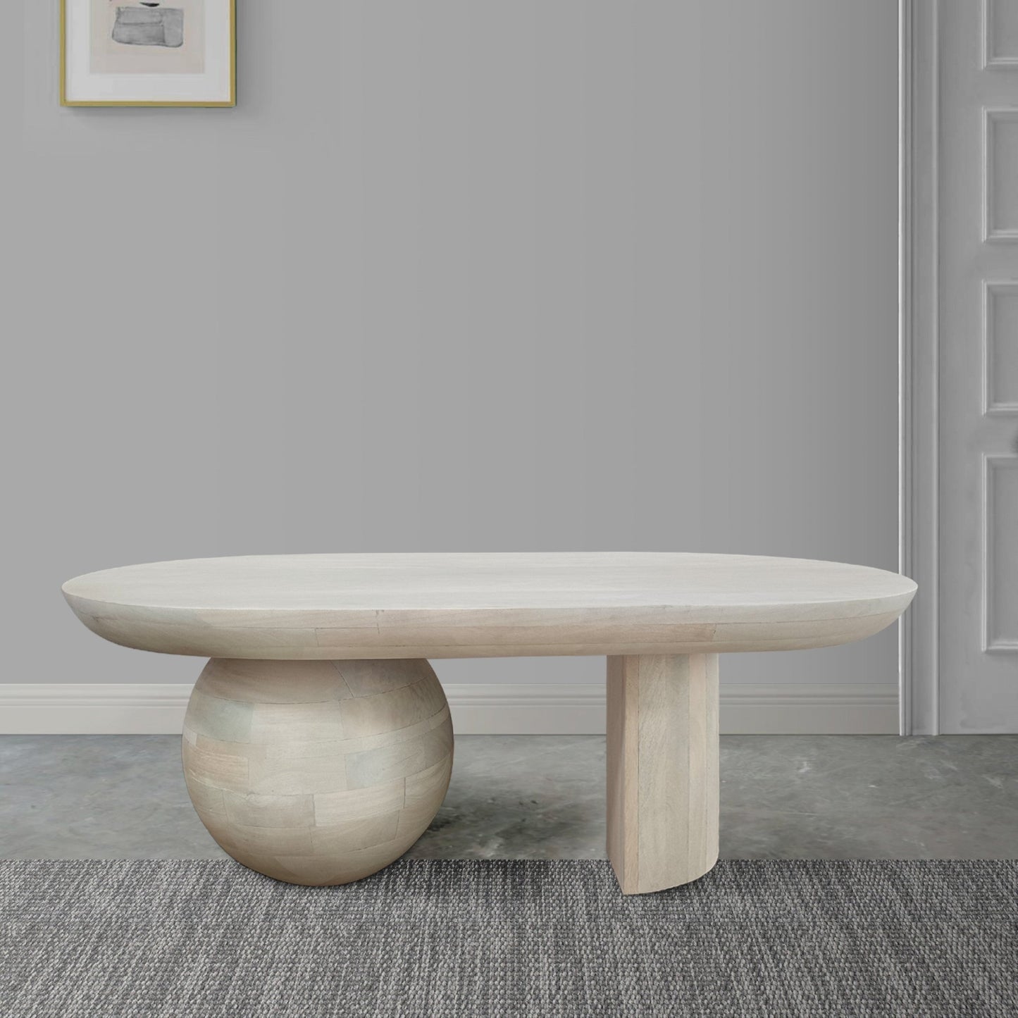 38 Inch Coffee Table, Oblong Mango Wood Top with a Modern Ball Leg, Washed White - Groovy Boardz