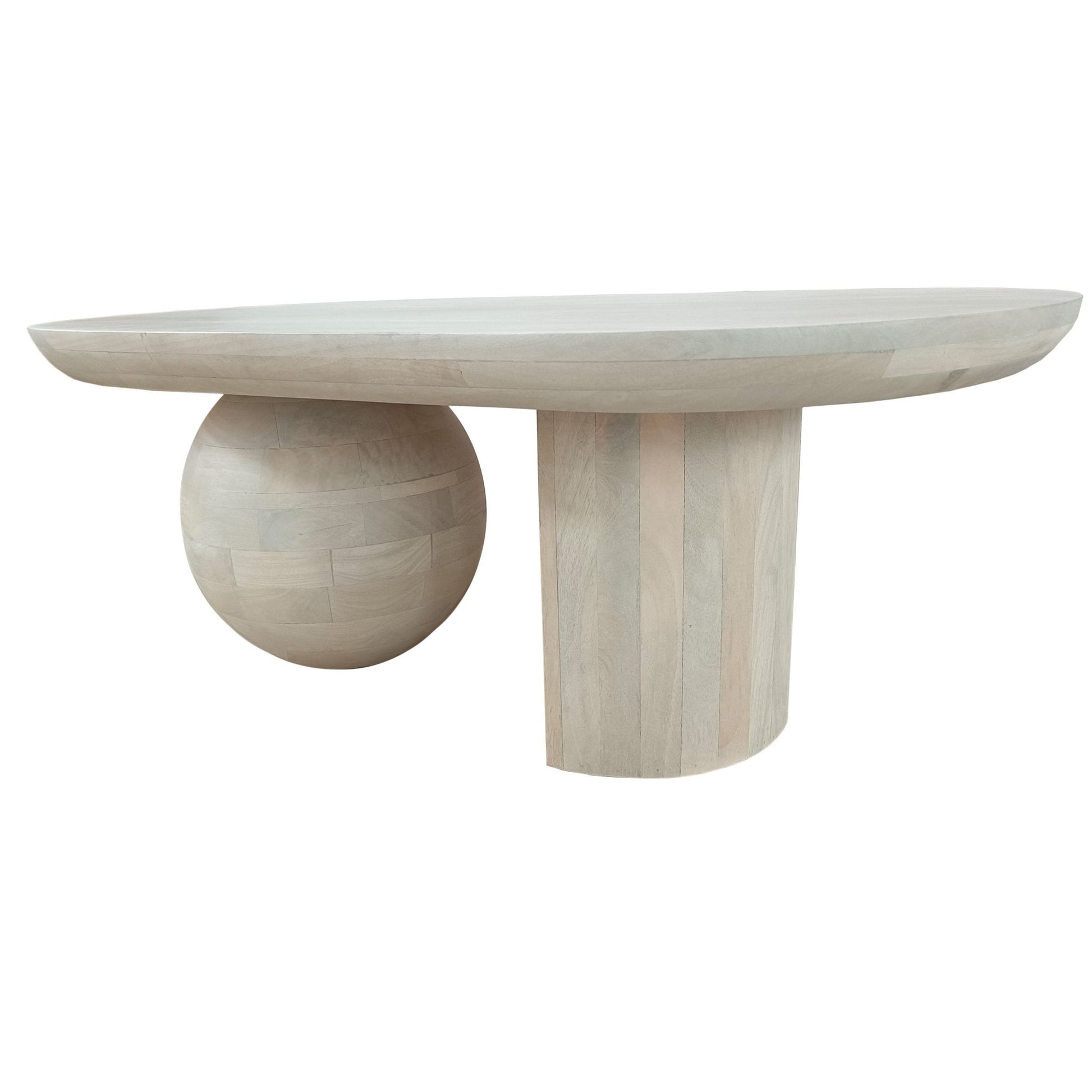 38 Inch Coffee Table, Oblong Mango Wood Top with a Modern Ball Leg, Washed White - Groovy Boardz