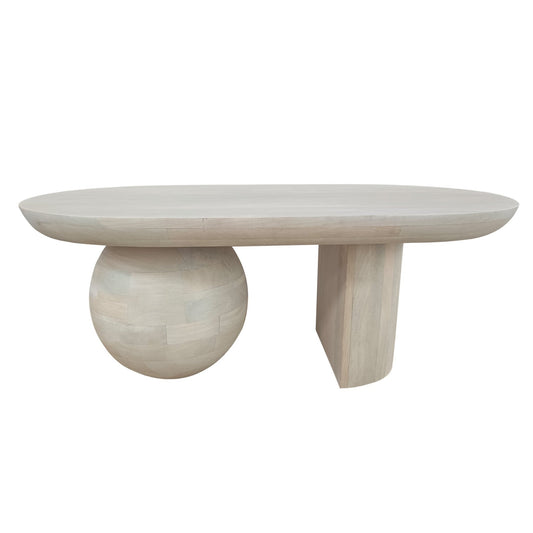 38 Inch Coffee Table, Oblong Mango Wood Top with a Modern Ball Leg, Washed White - Groovy Boardz