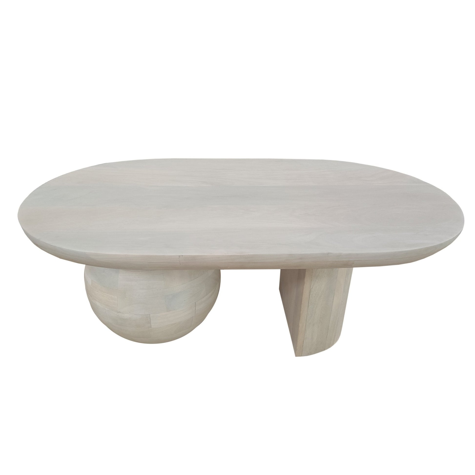 38 Inch Coffee Table, Oblong Mango Wood Top with a Modern Ball Leg, Washed White - Groovy Boardz