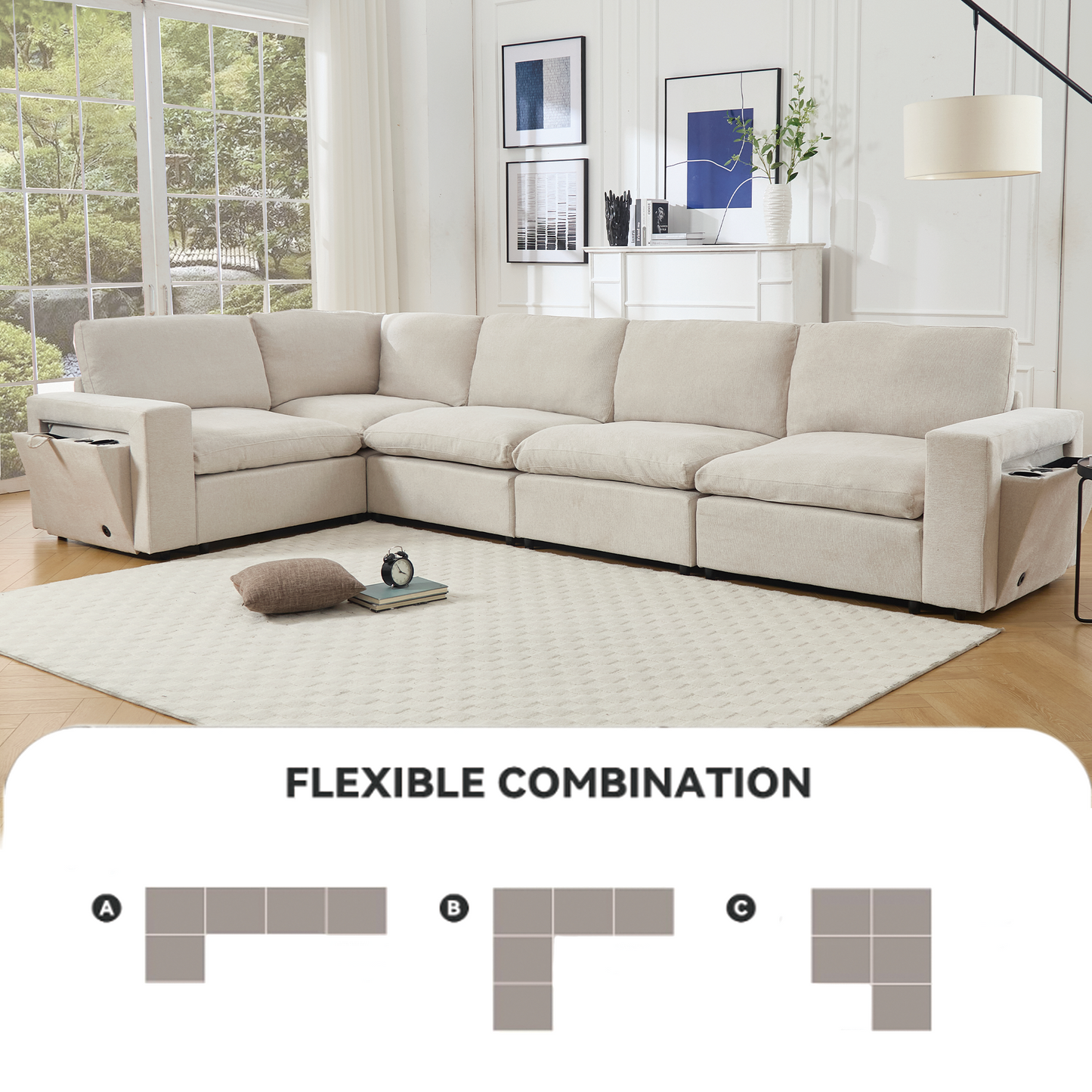 [NEW ARRIVED] [VIDEO PROVIDED]Sectional Couches For Living Room,Modular Couch,Wireless Charging Port & Cup Holders,5-seat ,DIY Combination,L-shaped Sofa,Book Storage Space,Soft Linen Fabric,Beige