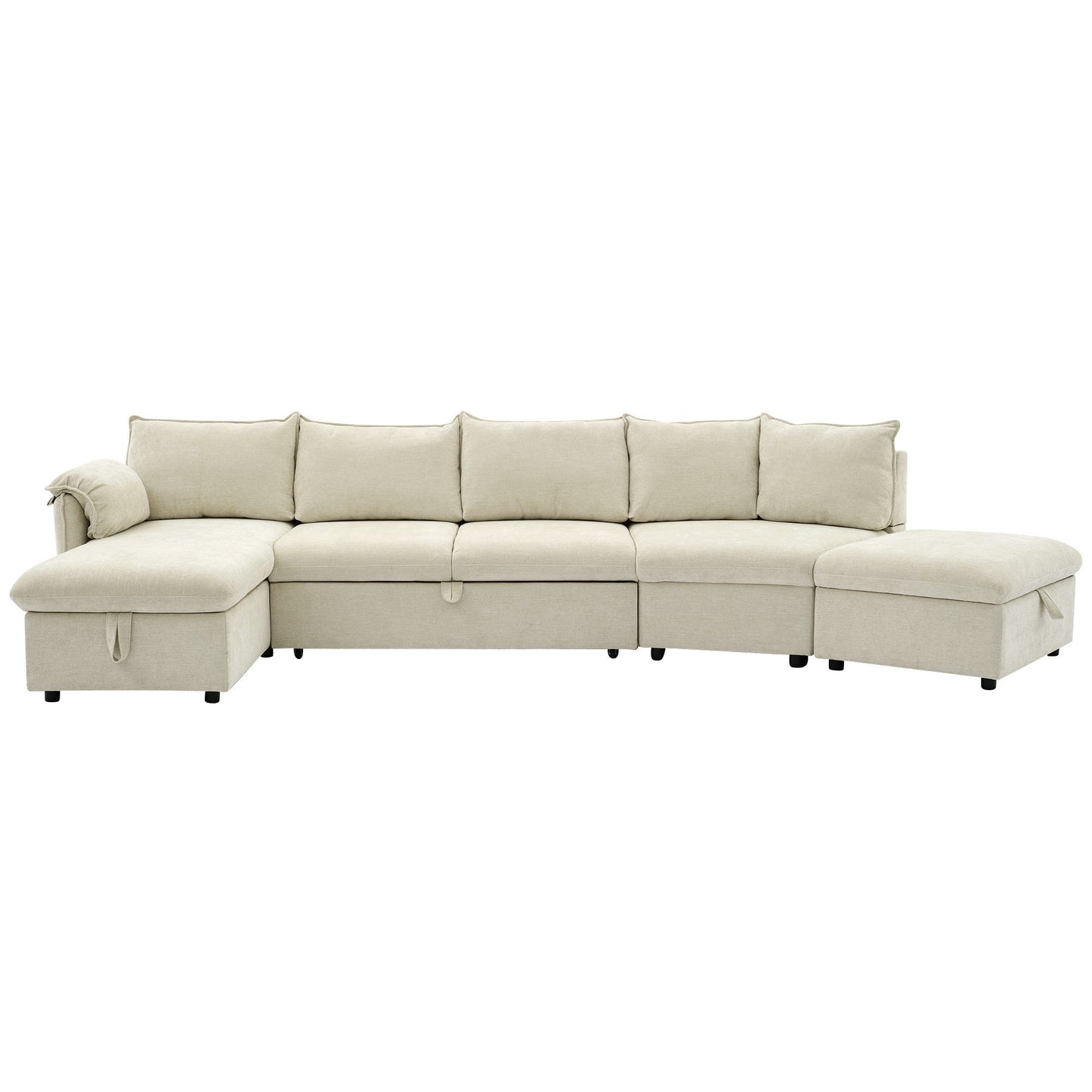 146.9" L-shaped Sofa Sectional Sofa Couch Pull-out Sofa Bed with a Movable Storage Ottoman, a Storage Chaise Lounge and Two USB Ports for Living Room, Beige