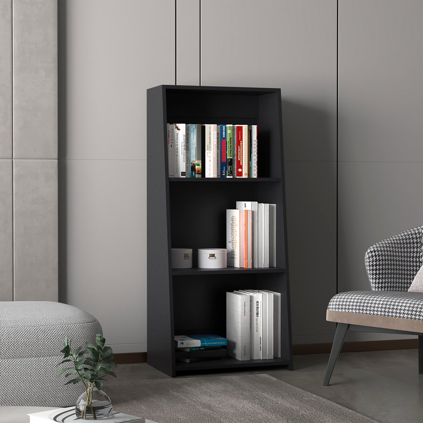 Note 47" Tall Three-Tier Ladder Bookcase Black